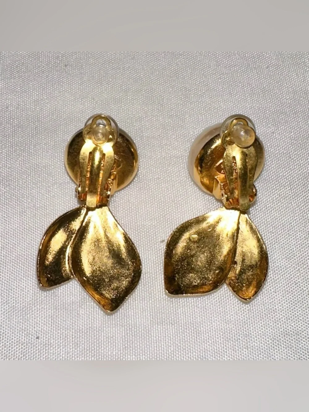 Chanel Vintage Pearl and Leaves Gold-tone Dangle Drop Clip On Statement Earrings